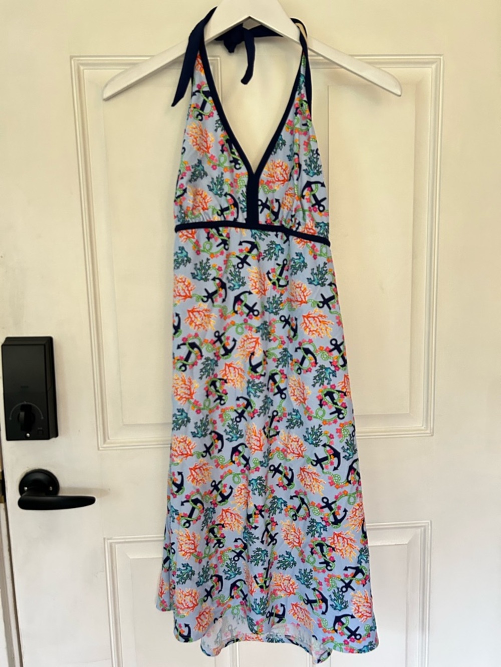 Navy-Trim Light Blue Halter Midi Dress with Coral Floral & Anchor Print